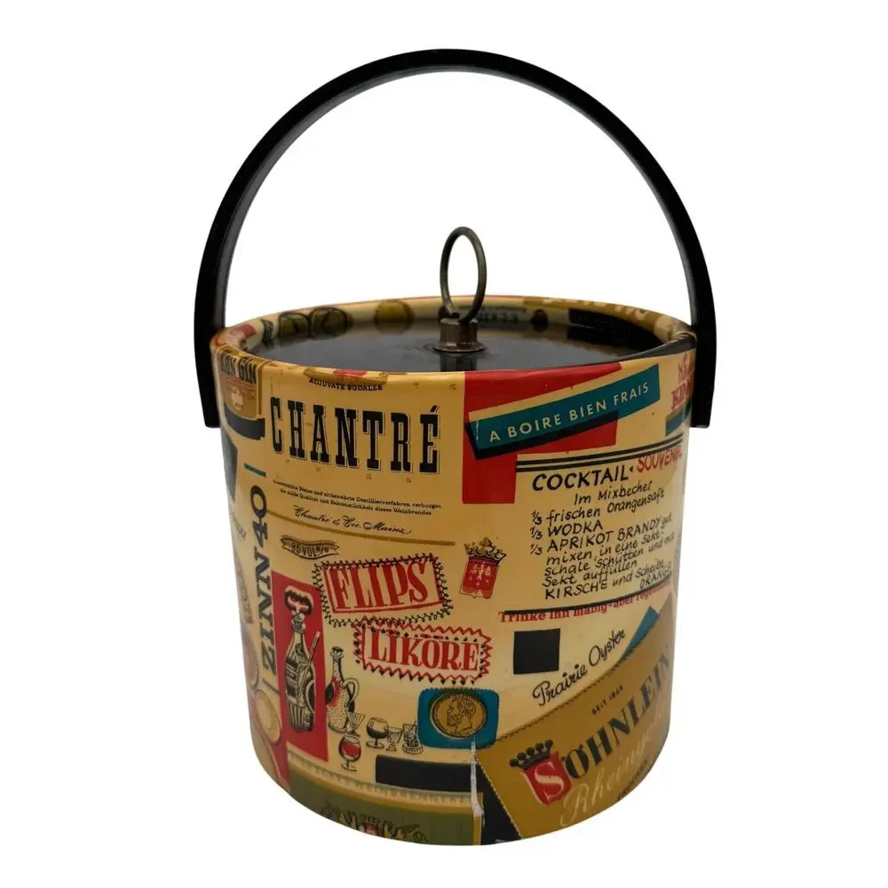 Vintage Cocktails Recipe Ice Bucket, Vinyl and Plastic, Mid Century Modern 7.5